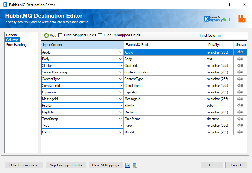 RabbitMQ SSIS Destination Component - Columns